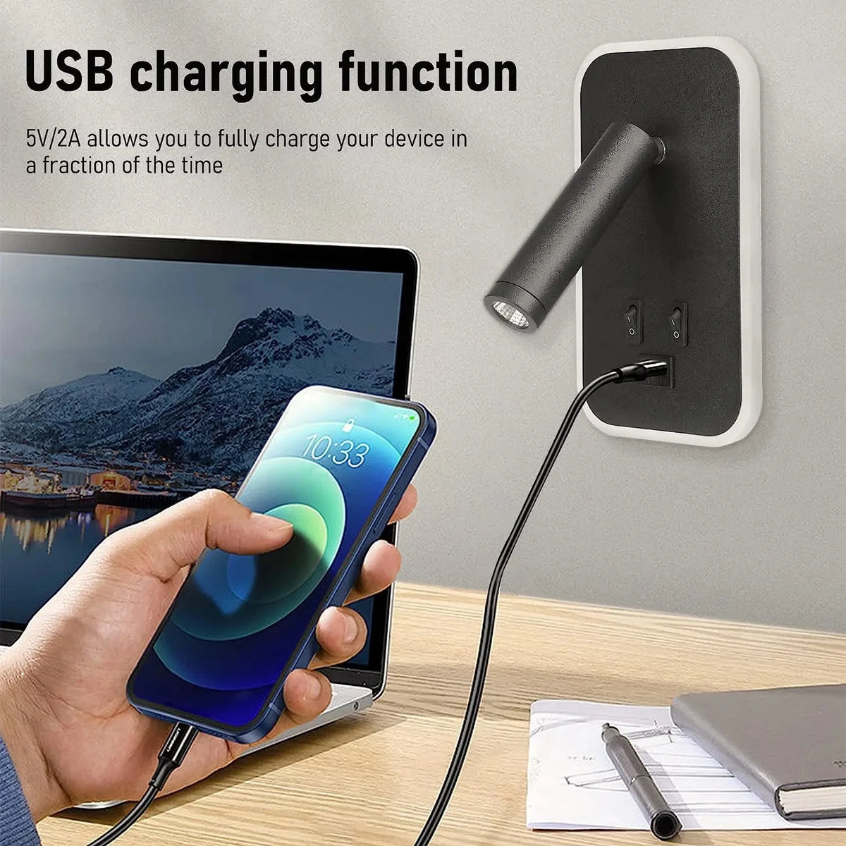 Applique murale orientable avec chargement USB, avec double interrupteur de commande, tête de lampe pouvant pivoter 330 ° Pour l'éclairage intérieur du couloir de chevet