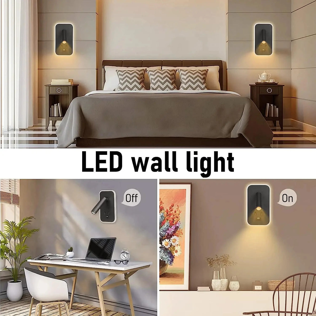 Applique murale orientable avec chargement USB, avec double interrupteur de commande, tête de lampe pouvant pivoter 330 ° Pour l'éclairage intérieur du couloir de chevet avec lumière LED 
