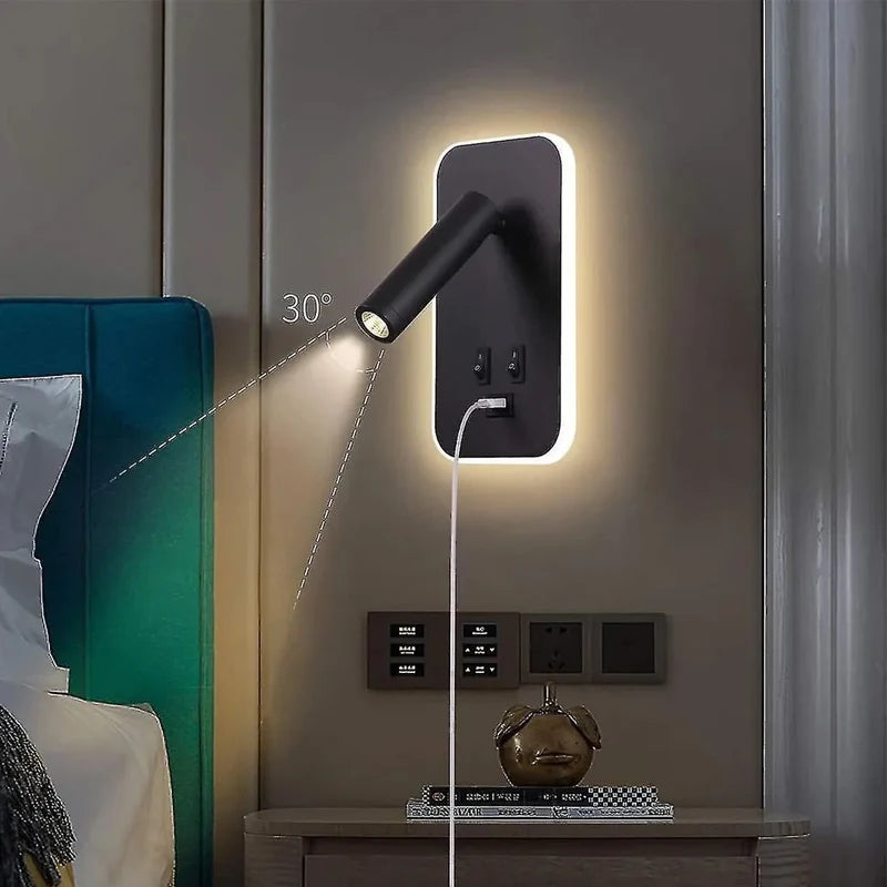 Applique murale orientable avec chargement USB, avec double interrupteur de commande, tête de lampe pouvant pivoter 330 ° Pour l'éclairage intérieur du couloir de chevet chambre