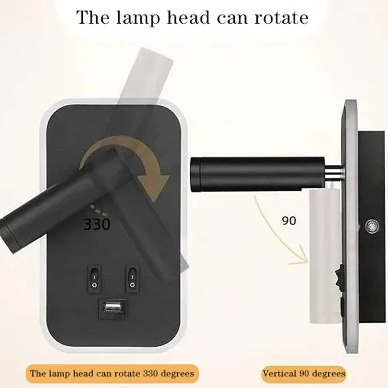Applique murale orientable avec chargement USB, avec double interrupteur de commande, tête de lampe pouvant pivoter 330 ° Pour l'éclairage intérieur du couloir de chevet description 2
